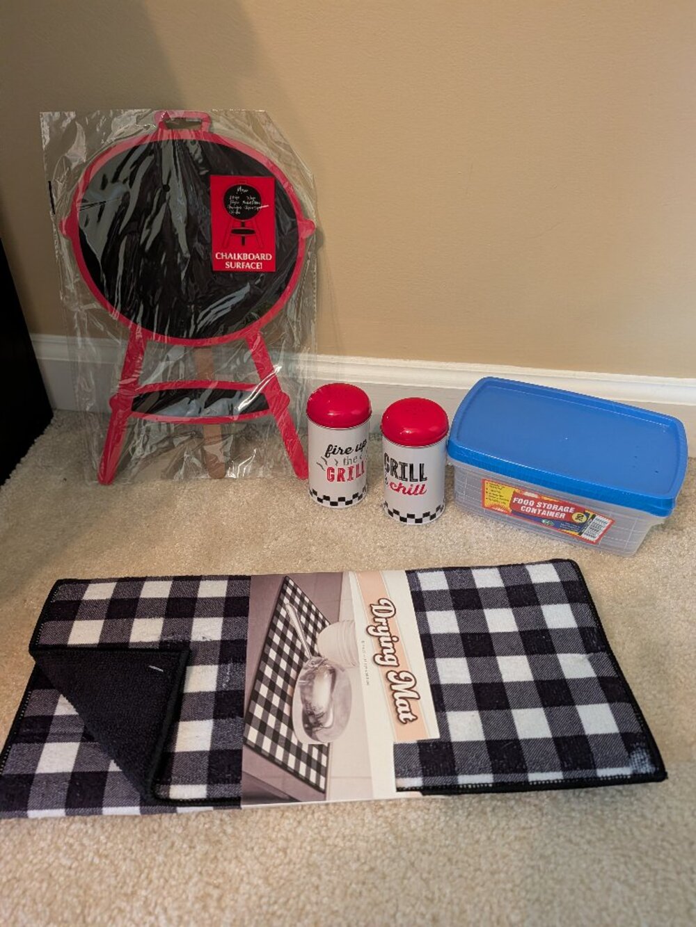 BBQ grilling set chalkboard sign plaid kitchen drying mat salt pepper shakers